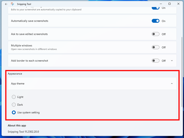 The appearance settings for Windows 11's Snipping tool