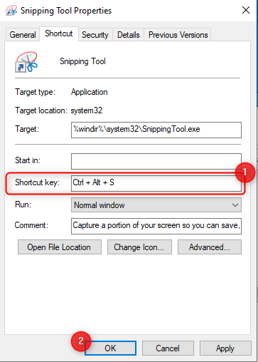 Press the Shortcut key you want for Snipping Tool