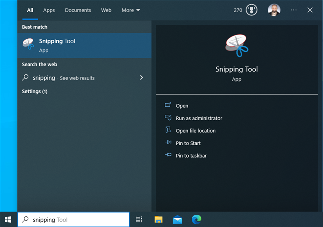 Search for Snipping Tool in Windows 10