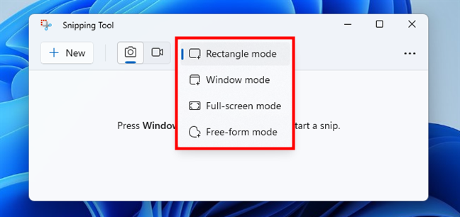 Screenshot modes in Snipping Tool