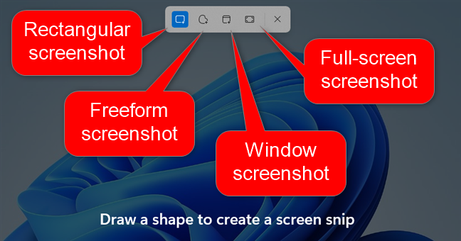 Snip options for taking a screenshot