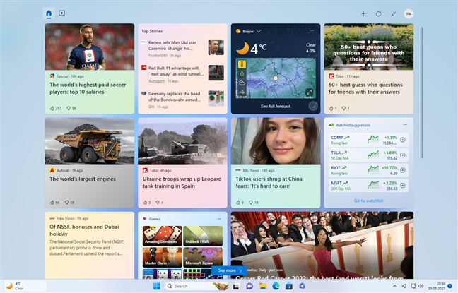 The Windows 11 Widgets in full-screen mode