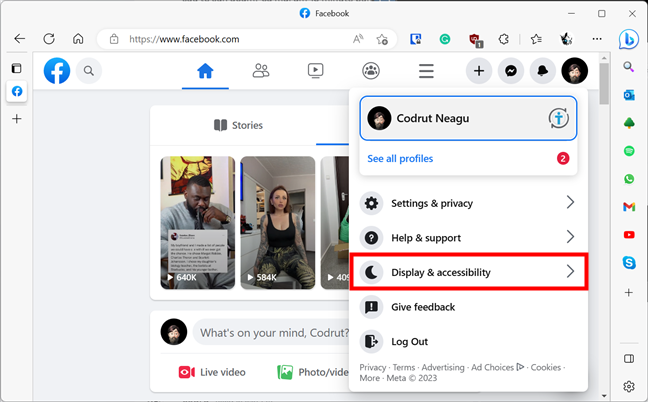 Select Display & accessibility on Facebook's menu