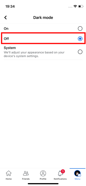 Facebook's Dark mode turned off