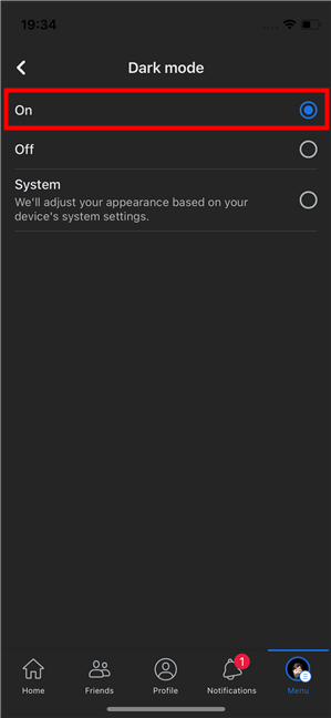 Turning Dark Mode on in Facebook for iPhone