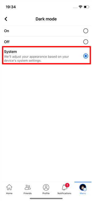 Enable Dark Mode in Facebook on an iPhone in accordance with the System settings