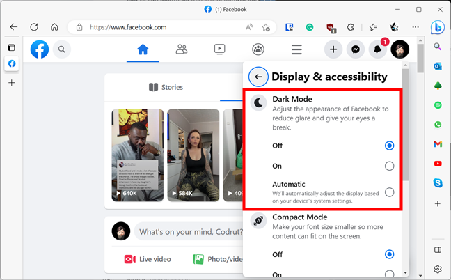 The Dark Mode options on the Facebook desktop website