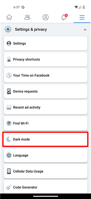 Tap Dark mode in Facebook for Android