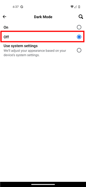 Dark Mode turned off in Facebook for Android