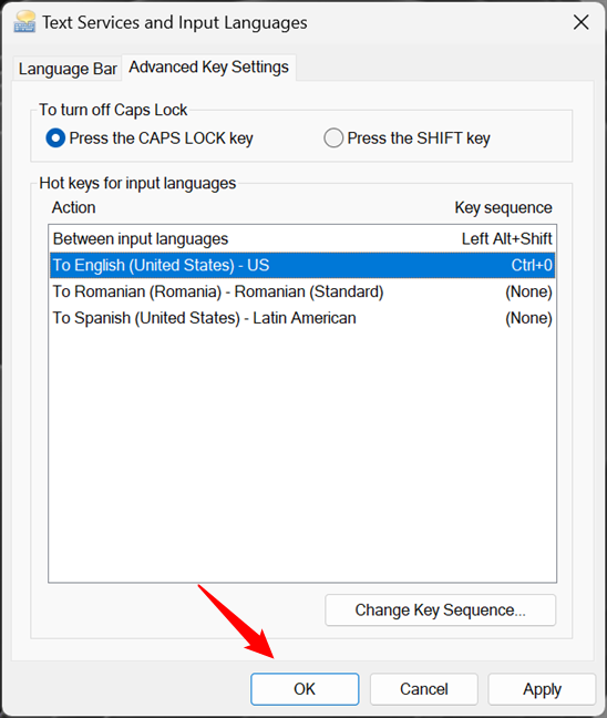 Confirm your choice to use the new keyboard language shortcut