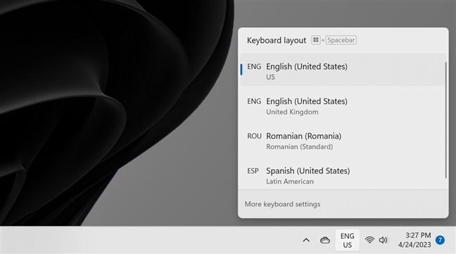The Windows 11 keyboard language shortcut uses the language bar