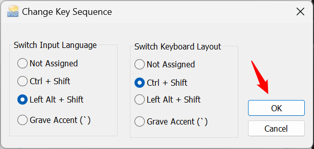Select the language change shortcut key and press OK