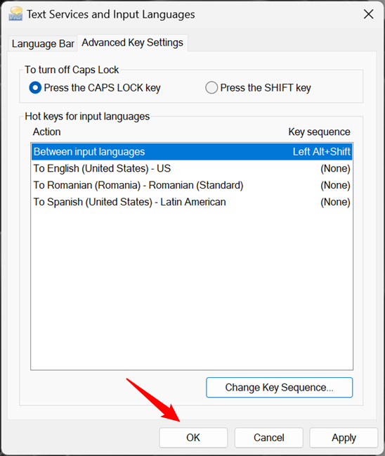 Change the language keyboard shortcut and press OK or Apply