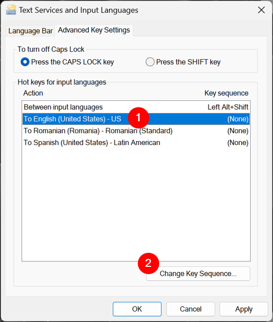 Select a layout and press Change Key Sequence