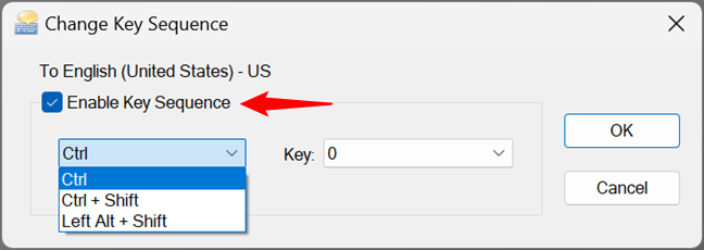 Check Enable Key Sequence to set a language keyboard shortcut