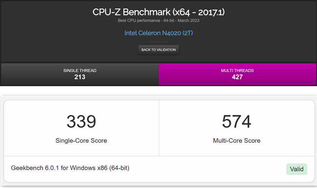 Processor benchmark results