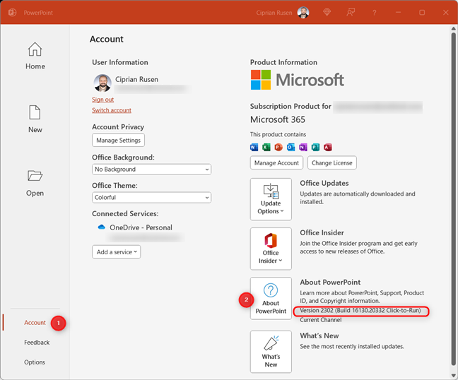 Go to Account > About PowerPoint