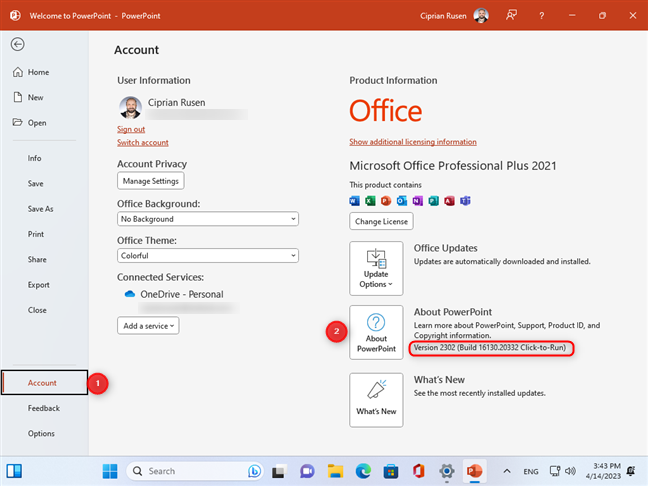 Go to Account > About PowerPoint
