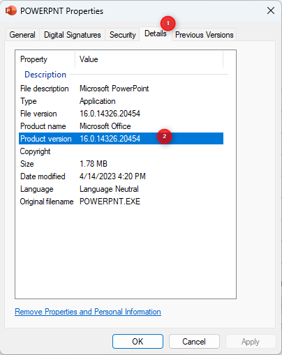 In the Details tab, find the Product version field