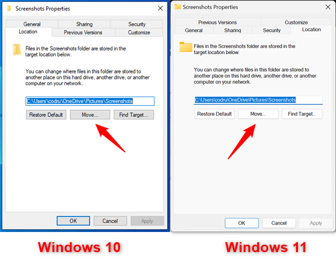 Press Move to change where Windows saves screenshots
