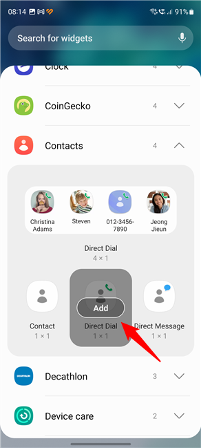 Tap Add to create a new Direct Dial or Direct Message widget