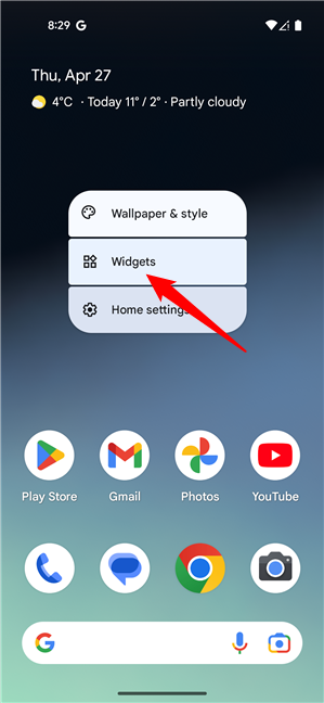 Tap on Widgets from the Home screen menu