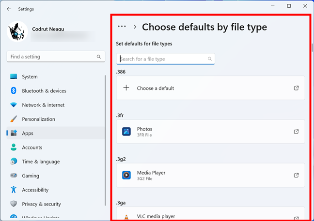 Set defaults for file types