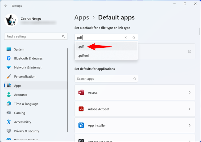 Choosing the file type association to configure