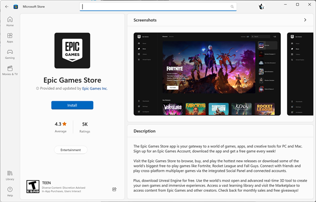 Epic Games in the Windows 11 Microsoft Store