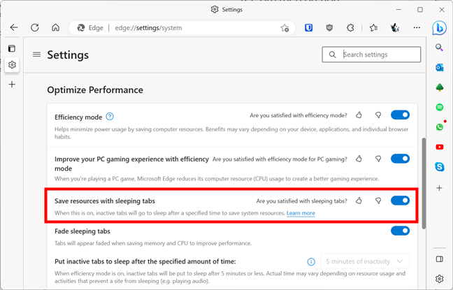 Sleeping tabs in Microsoft Edge