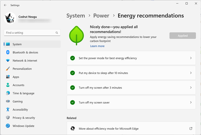 Energy recommendations in Windows 11