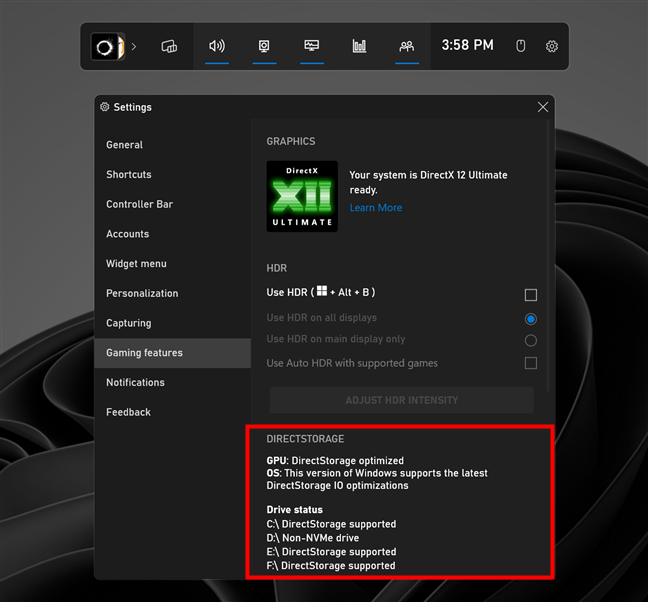 DirectStorage status on a Windows 11 gaming PC