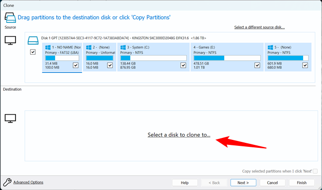 Click on Select a disk to clone to