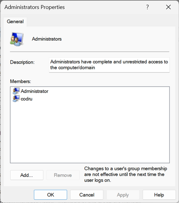 Properties of the Administrators group in Windows