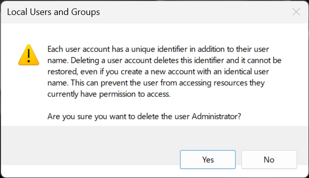 Default users and groups from Windows shouldn't be altered or removed