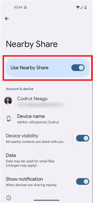 Enable the Use Nearby Share switch
