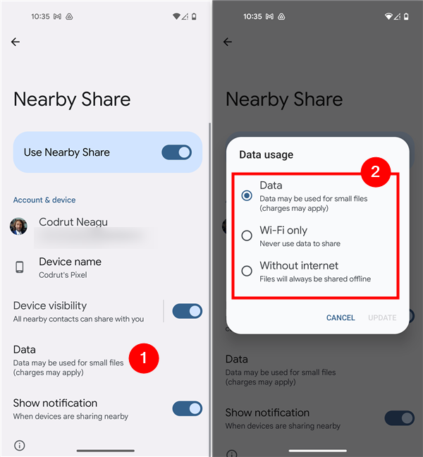 Choose how let Nearby Share use data