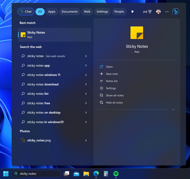 Search for Sticky Notes in Windows 11
