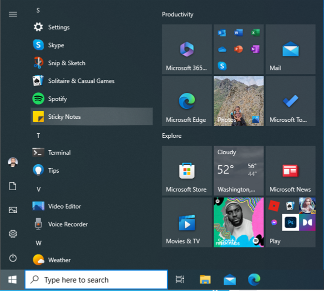 The Sticky Notes shortcut in the Windows 10 Start Menu