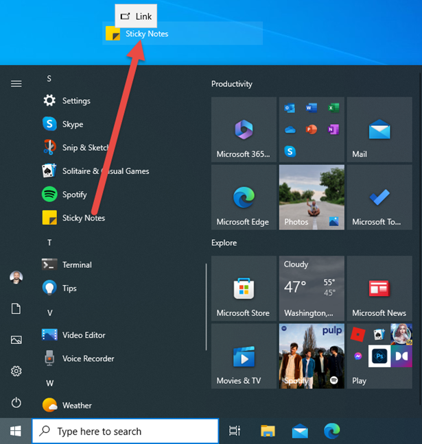 Drag the Sticky Notes shortcut to the desktop
