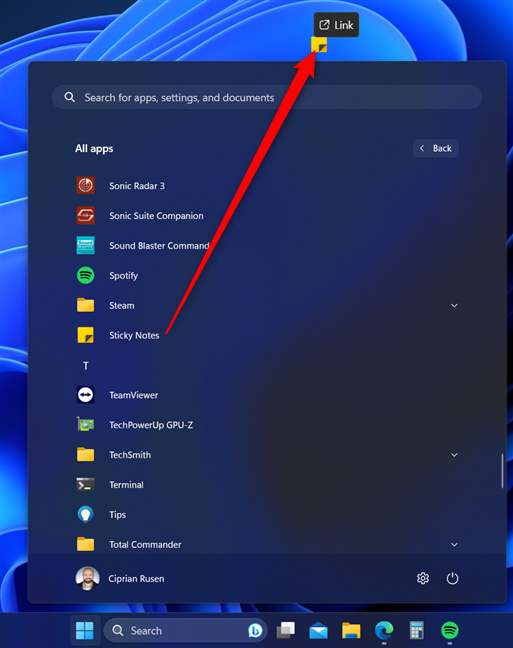 Drag the Sticky Notes shortcut to the desktop