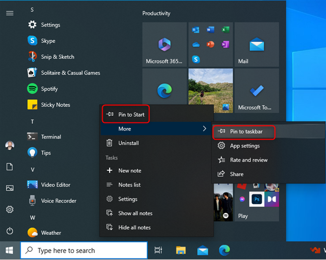 Pin the Sticky Notes shortcut to Start or to taskbar in Windows 10