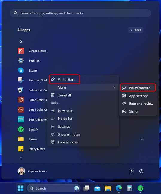 Pin the Sticky Notes shortcut to Start or to taskbar in Windows 11