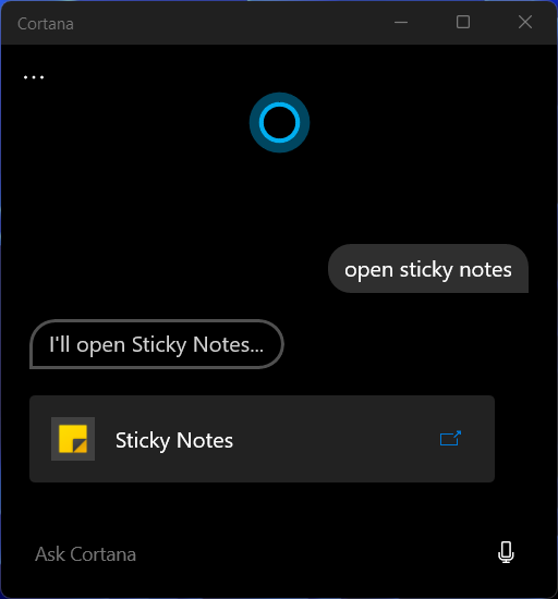 Ask Cortana to open Sticky Notes