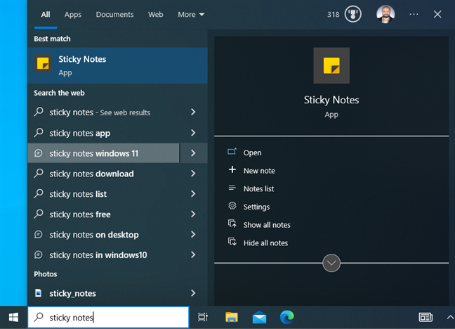 Search for Sticky Notes in Windows 10