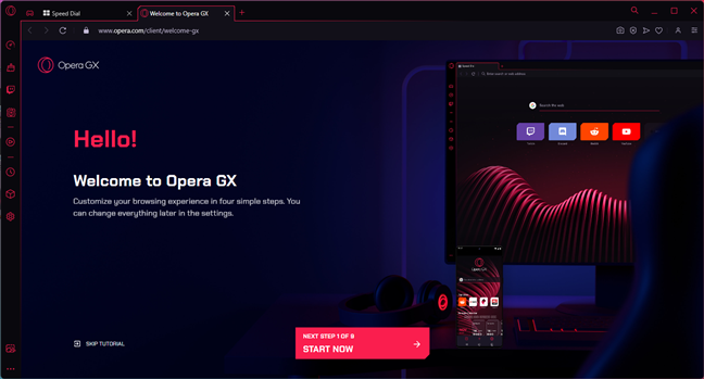 The initial setup wizard of Opera GX