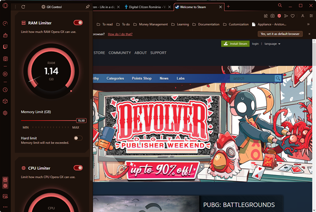 Opera GX has a built-in RAM Limiter and CPU Limiter