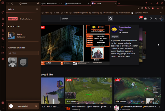 Twitch is handily available from Opera GX's sidebar
