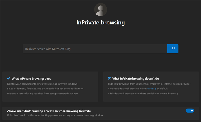 InPrivate browsing in Microsoft Edge
