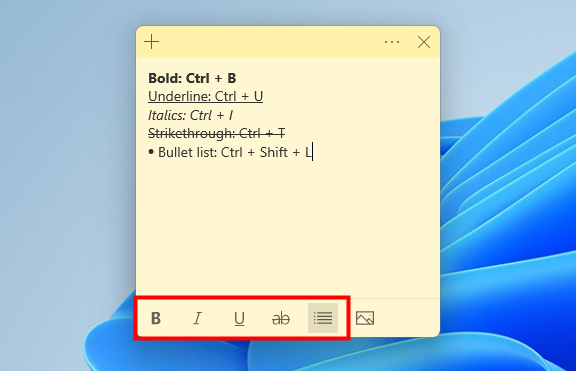 Text formats and the keyboard shortcuts available in Sticky Notes